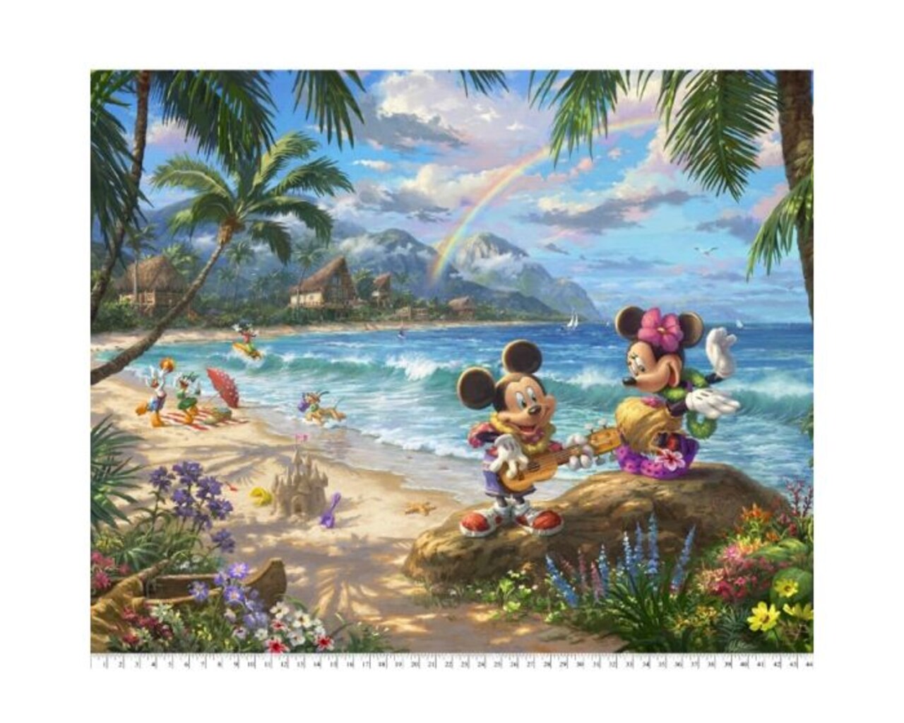Minnie Mickey Go Hawaiian Disney By Thomas Kinkade Licensed by David Textiles Digital Cotton Print Fabric Panel | 100% Cotton | Sold By the Panel